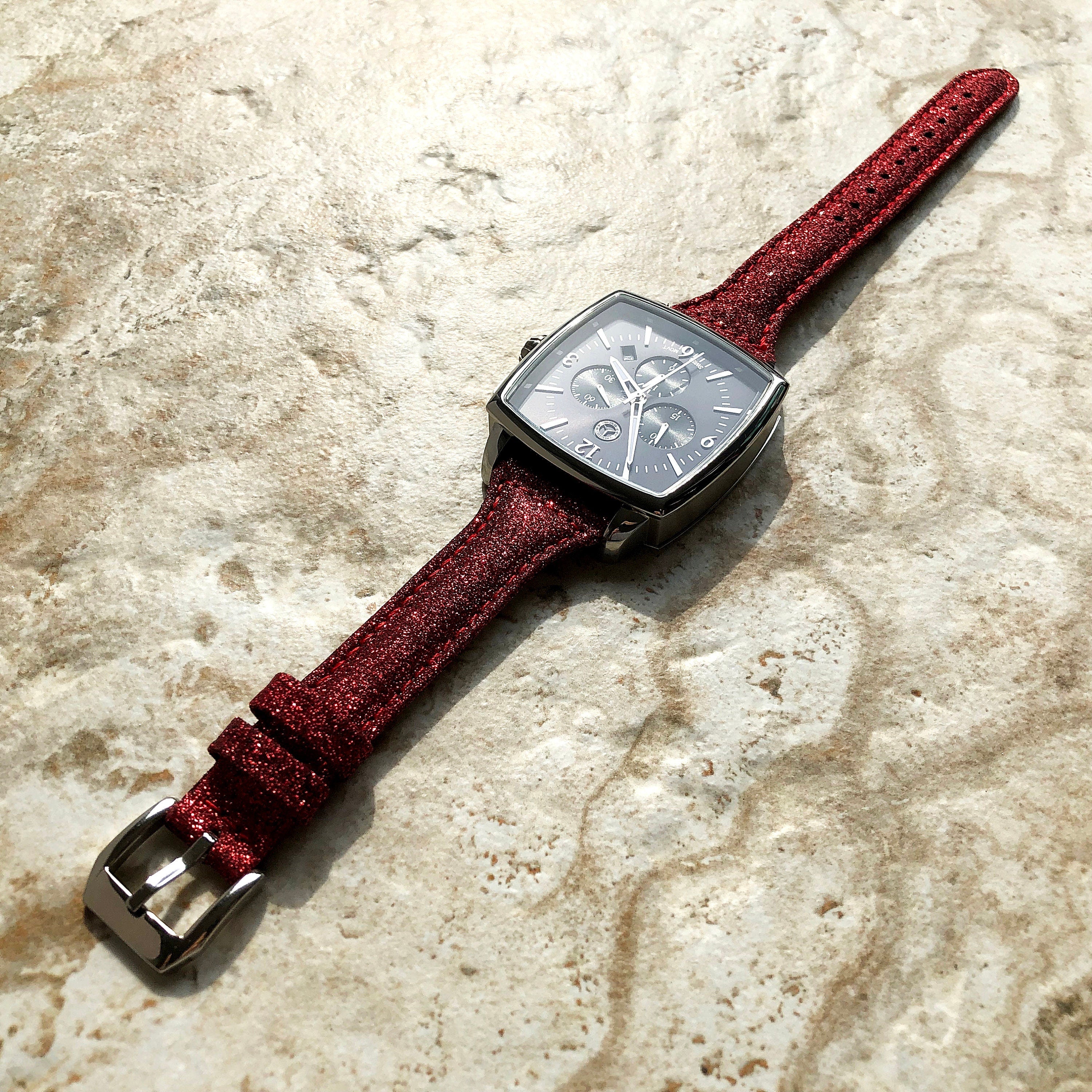 22mm Red Sparkling Glitter Slim and Elegant Soft Leather Watch Strap Band for Wrist Hand Watches Quick Release Pins - Ready to Attach